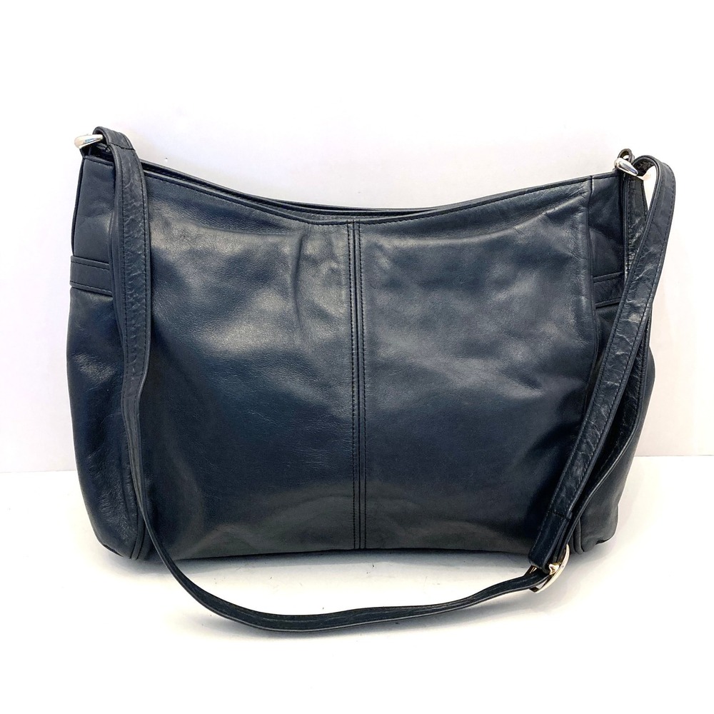 Vtg SAS Shoulder Bag Navy Blue Leather Purse Hand Sewn Made USA Pockets - Picture 2 of 13
